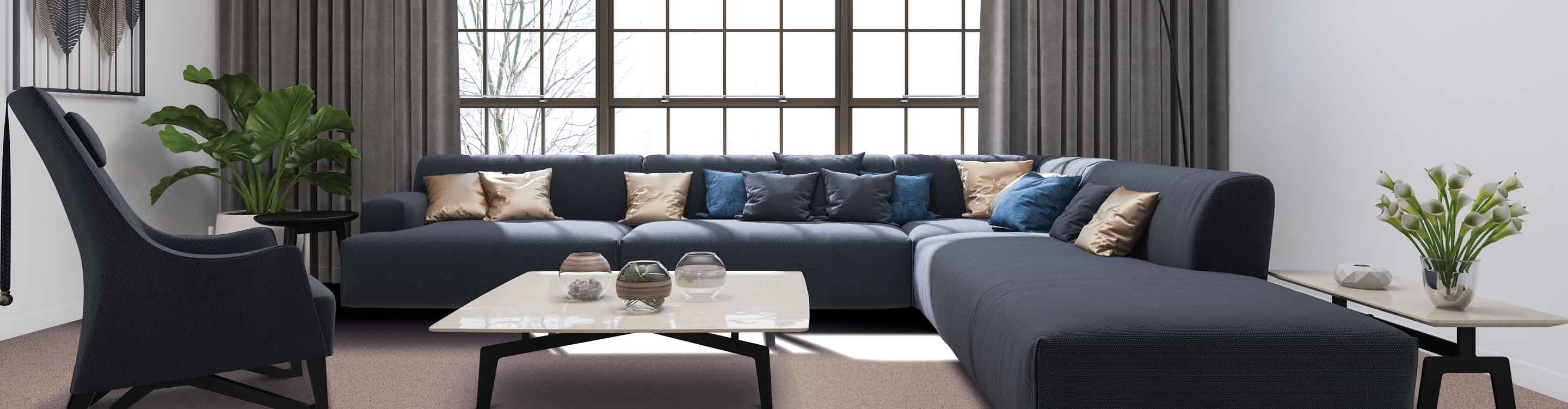 Gray curtains on a large window in a living room