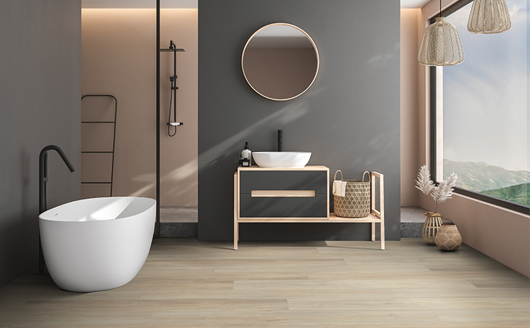 bathroom with vinyl flooring and mirror